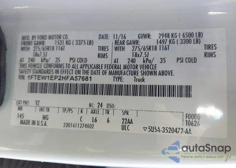 2017 Ford F-150 Xlt z USA, uszkodzony, nr VIN 1FTEW1EP2HFA57681